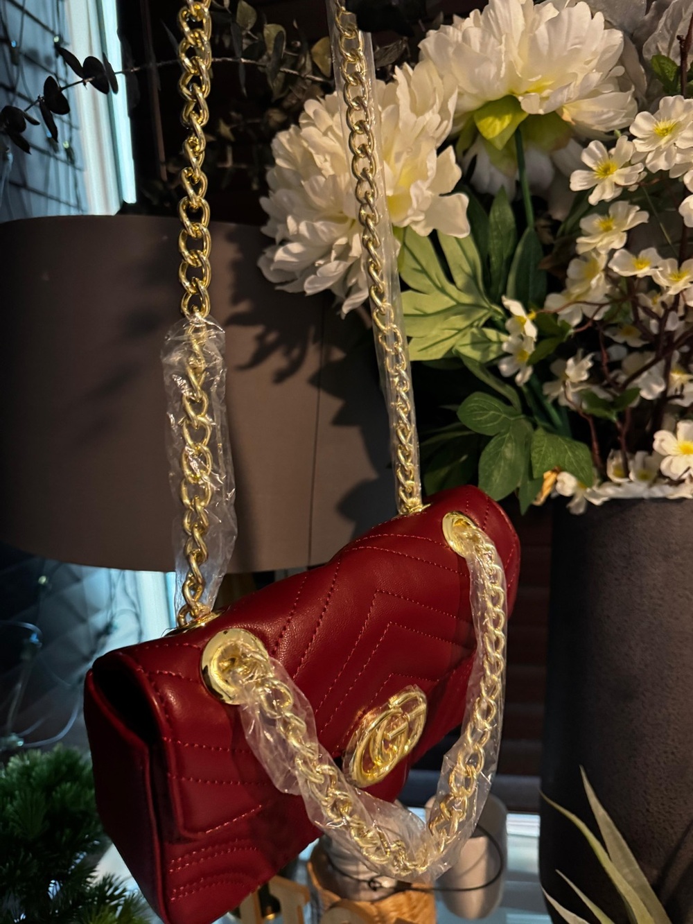 Gucci Burgundy Quilted Chevron Chain Shoulder Bag with Gold Hardware